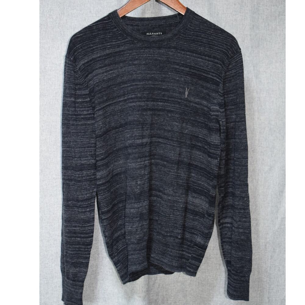 AllSaints Men’s Charcoal Gray Striped Crewneck Sweater Size M